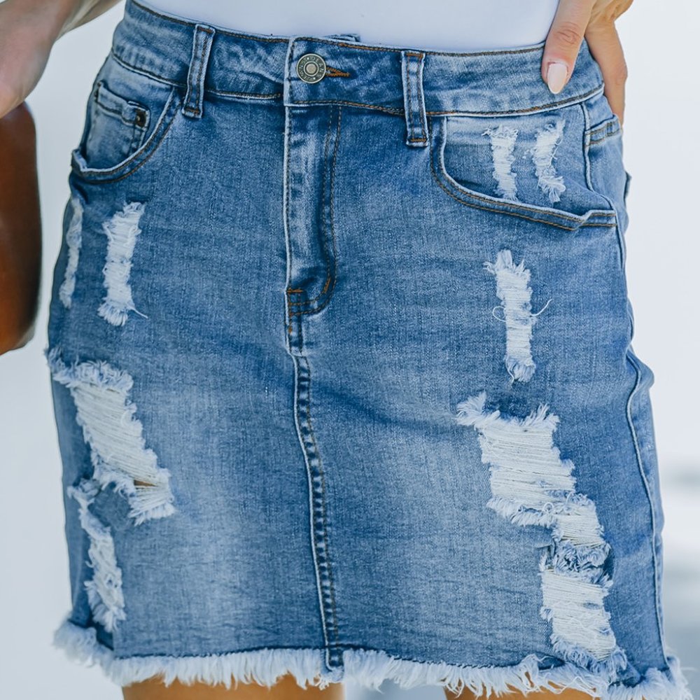 Blue Distressed Raw Hem Denim Jean Mini Skirt - Picture 6 of 7